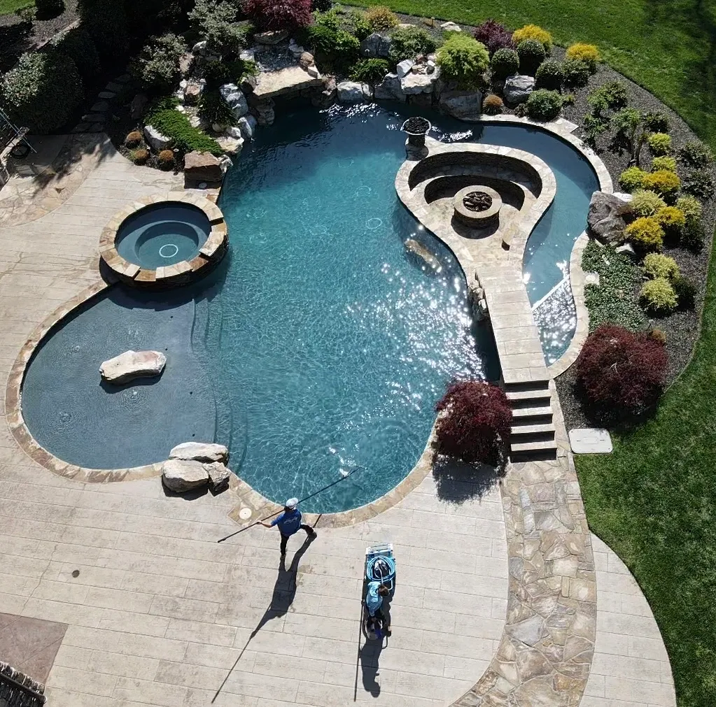 Rectangular pool photographed from above surrounded by concrete and blooming trees