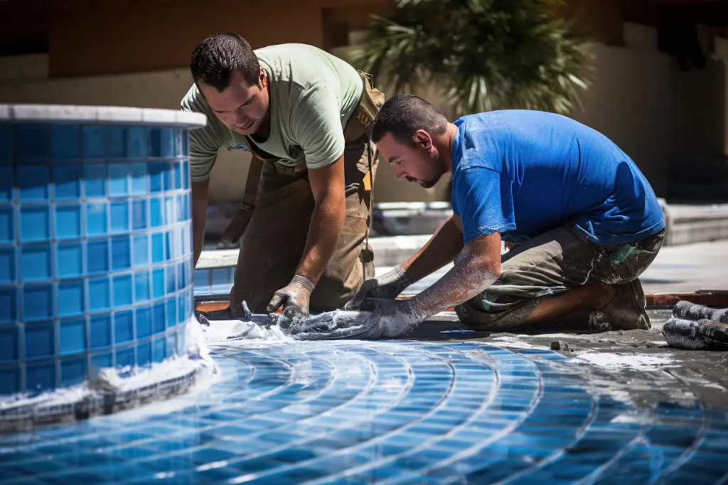 Two workers setting blue mosaic tile at the edge of a pool